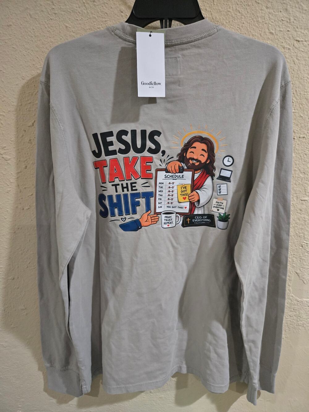 Jesus Take The Shift, Praying Give Me A Minute, Long Sleeve Shirt, Beige, Large